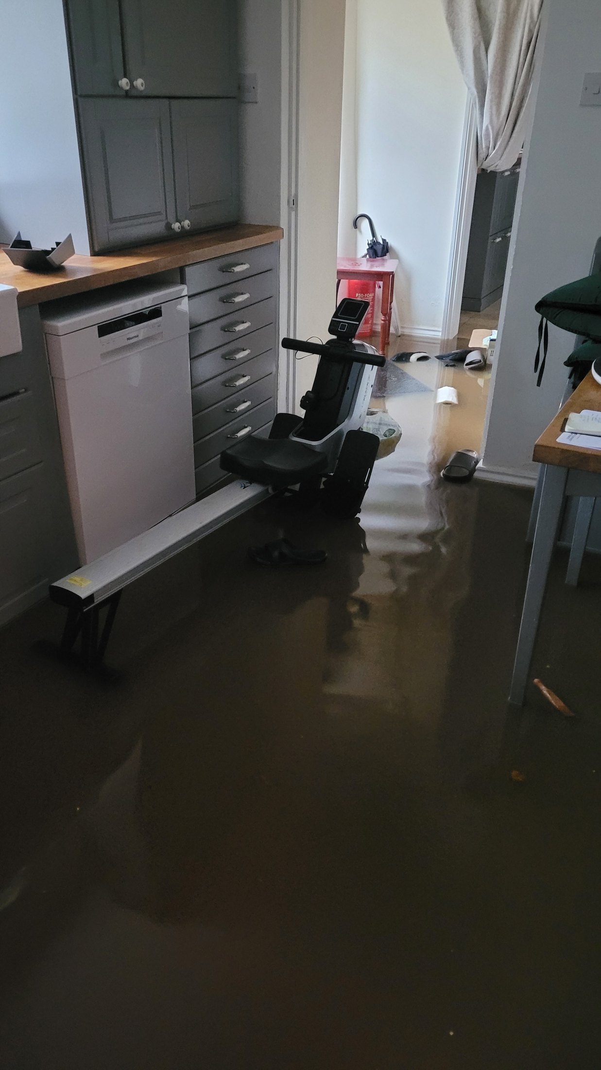 Floodwater inside a ground-floor kitchen
